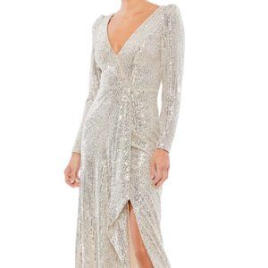 MAC DUGGAL 26395 SEQUIN FAUX WRAP SILVER EVENING GOWN sz 10